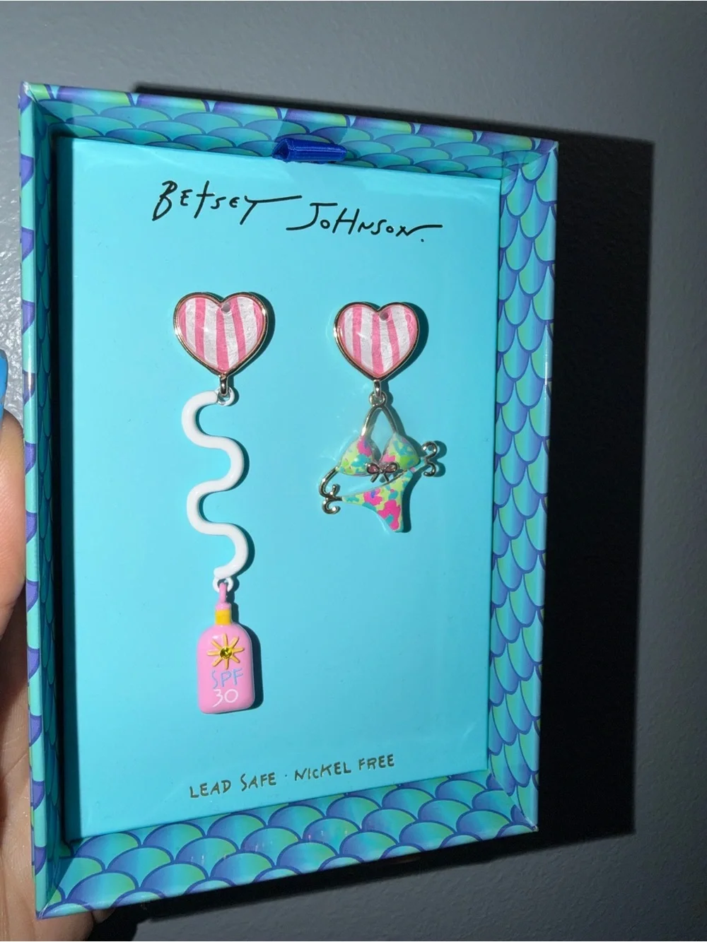 Betsey Johnson Pink Heart Dangle Kids Bikini & SPF Charm Earrings
